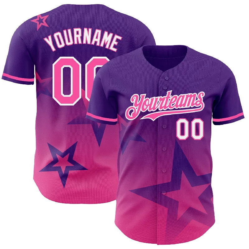 Baseball Jersey with Reinforced Shoulders for Protection-Custom Purple Pink-White 3D Pattern Design Gradient Style Twinkle Star Authentic Baseball Jersey