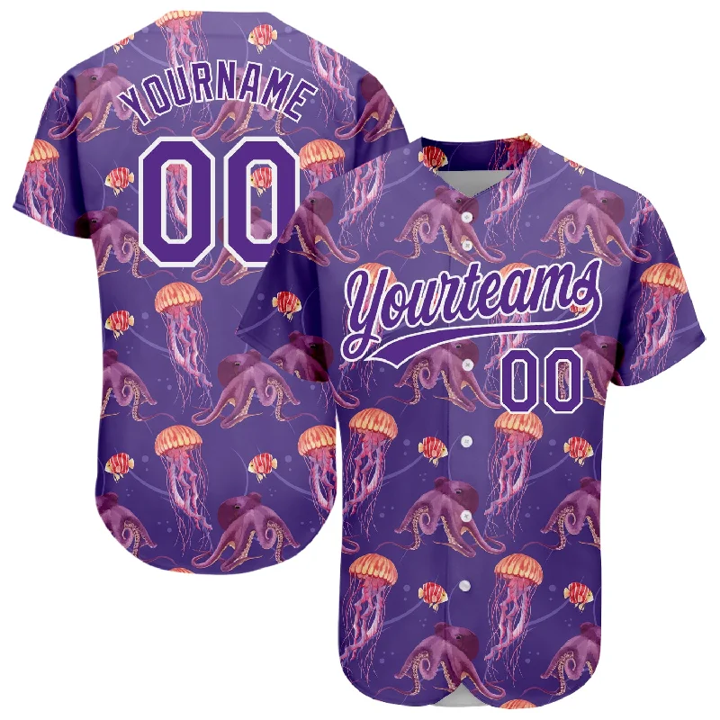 High-Quality Baseball Jersey for Performance-Custom Purple White 3D Pattern Design Jellyfish And Octopus Authentic Baseball Jersey