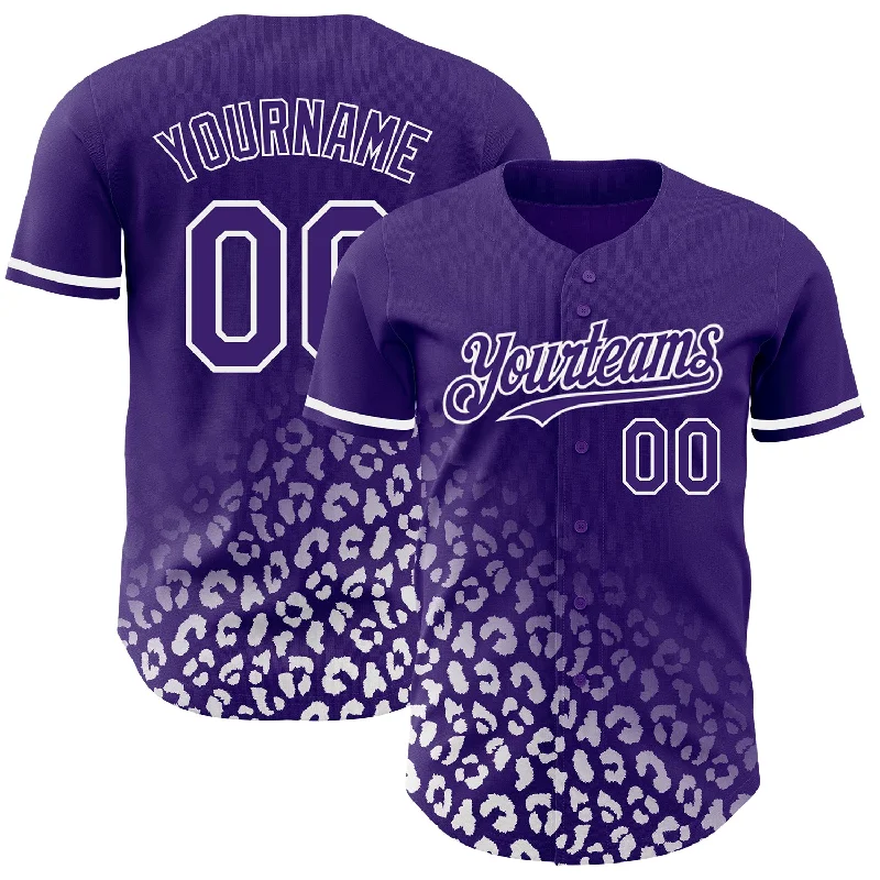 Baseball Jersey with Breathable Mesh for Ventilation-Custom Purple White 3D Pattern Design Leopard Print Fade Fashion Authentic Baseball Jersey