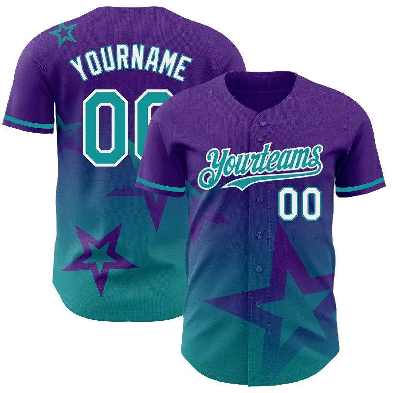 Baseball Jersey for Long-Lasting Comfort-Custom Purple Teal-White 3D Pattern Design Gradient Style Twinkle Star Authentic Baseball Jersey