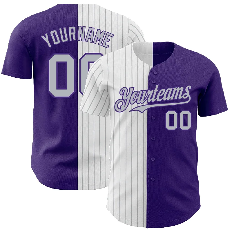 Baseball Jersey with Performance Technology for Comfort-Custom Purple White-Gray Pinstripe Authentic Split Fashion Baseball Jersey