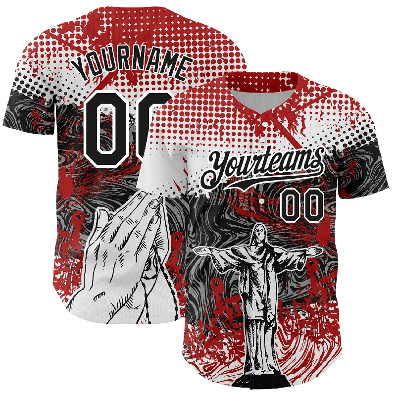 Baseball Jersey for Comfortable Design and Fit-Custom Red Black-White 3D Pattern Design Religion Jesus Christ Authentic Baseball Jersey