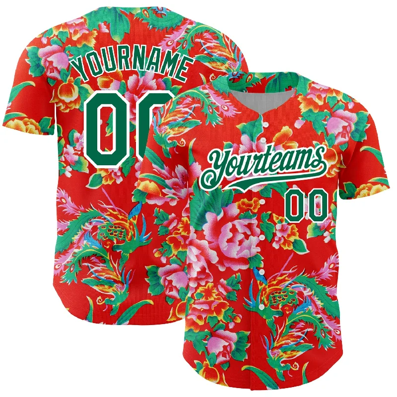 Baseball Jersey with Lightweight, Soft Fabric for Comfort-Custom Red Kelly Green-White 3D Pattern Design Northeast China Big Flower Authentic Baseball Jersey