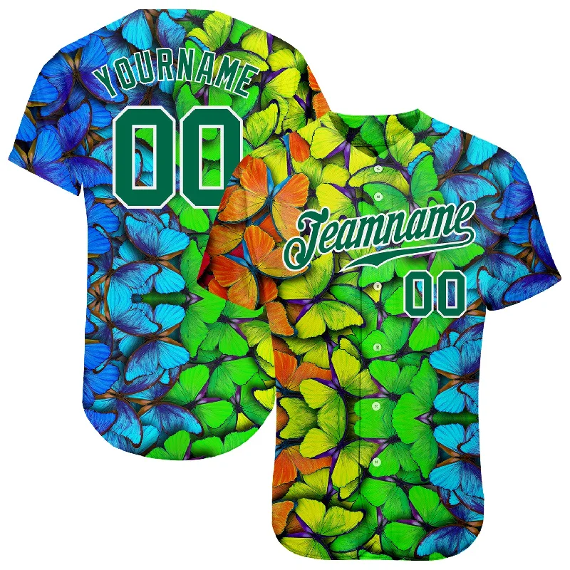 Baseball Jersey for Increased Agility on the Field-Custom Royal Kelly Green-White 3D Pattern Design Multicolored Butterflies Authentic Baseball Jersey