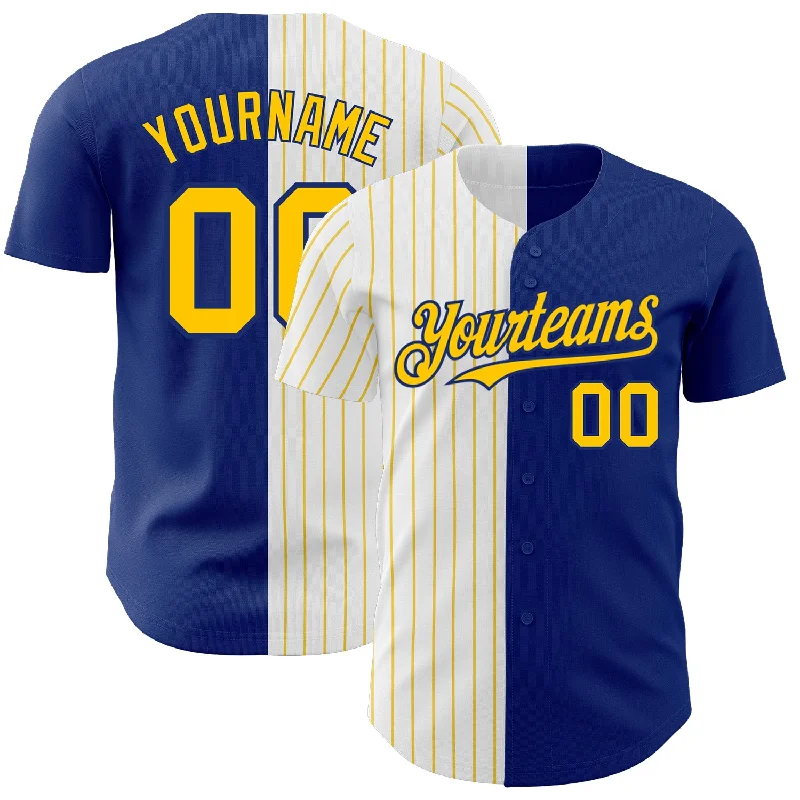 Baseball Jersey for Soft and Breathable Fit-Custom Royal White-Yellow Pinstripe Authentic Split Fashion Baseball Jersey