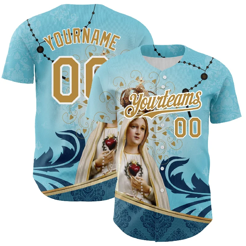 Baseball Jersey for Optimal Fit and Flexibility During Games-Custom Teal Old Gold-White 3D Pattern Design Religion Virgin Mary Authentic Baseball Jersey