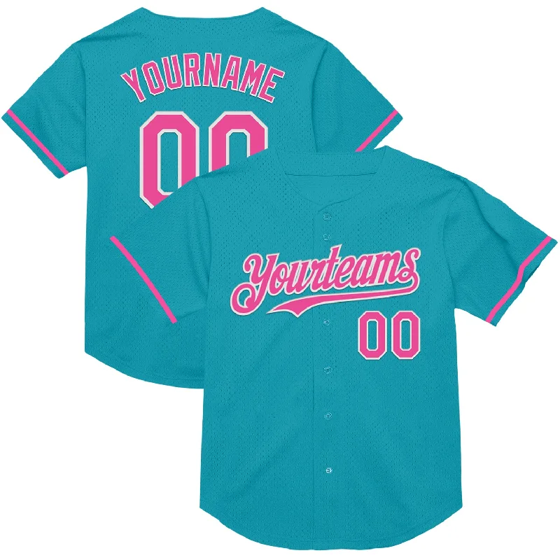 Baseball Jersey for Fast-Drying Fabric-Custom Teal Pink-White Mesh Authentic Throwback Baseball Jersey