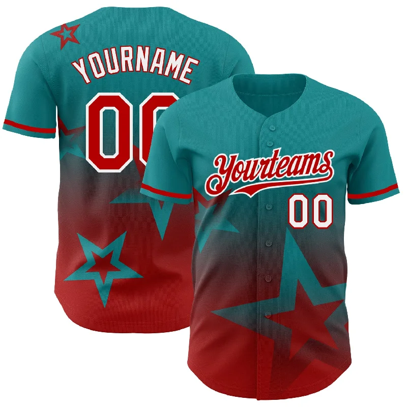 Baseball Jersey for High-Endurance Play-Custom Teal Red-White 3D Pattern Design Gradient Style Twinkle Star Authentic Baseball Jersey