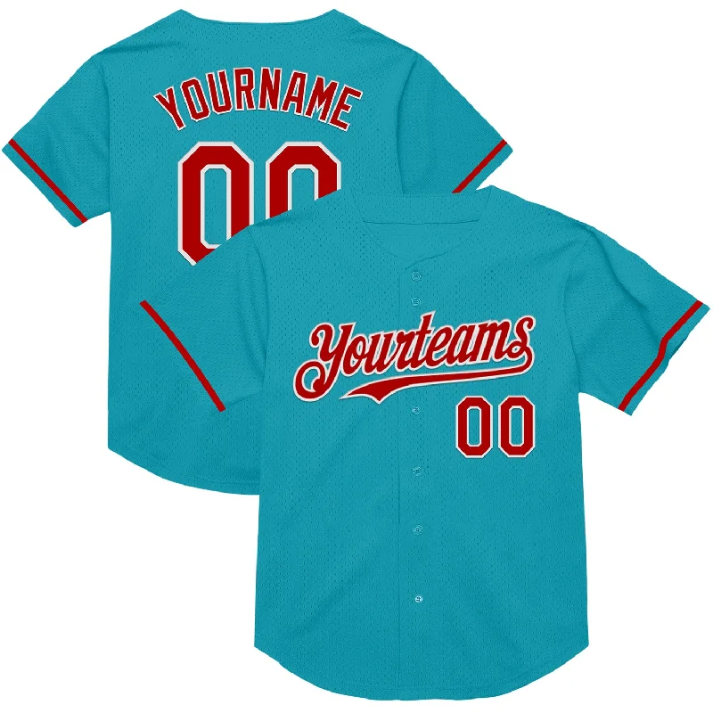 Baseball Jersey with Moisture-Wicking Technology for Comfort-Custom Teal Red-White Mesh Authentic Throwback Baseball Jersey