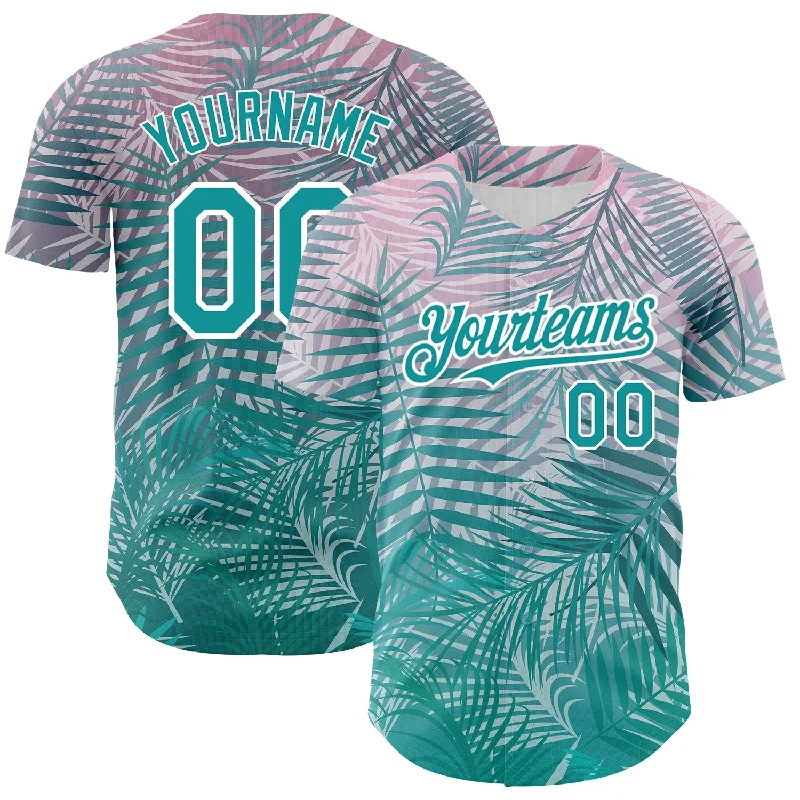 Baseball Jersey for Softball and Baseball Teams-Custom Teal White 3D Pattern Design Tropical Hawaii Palm Leaves Authentic Baseball Jersey