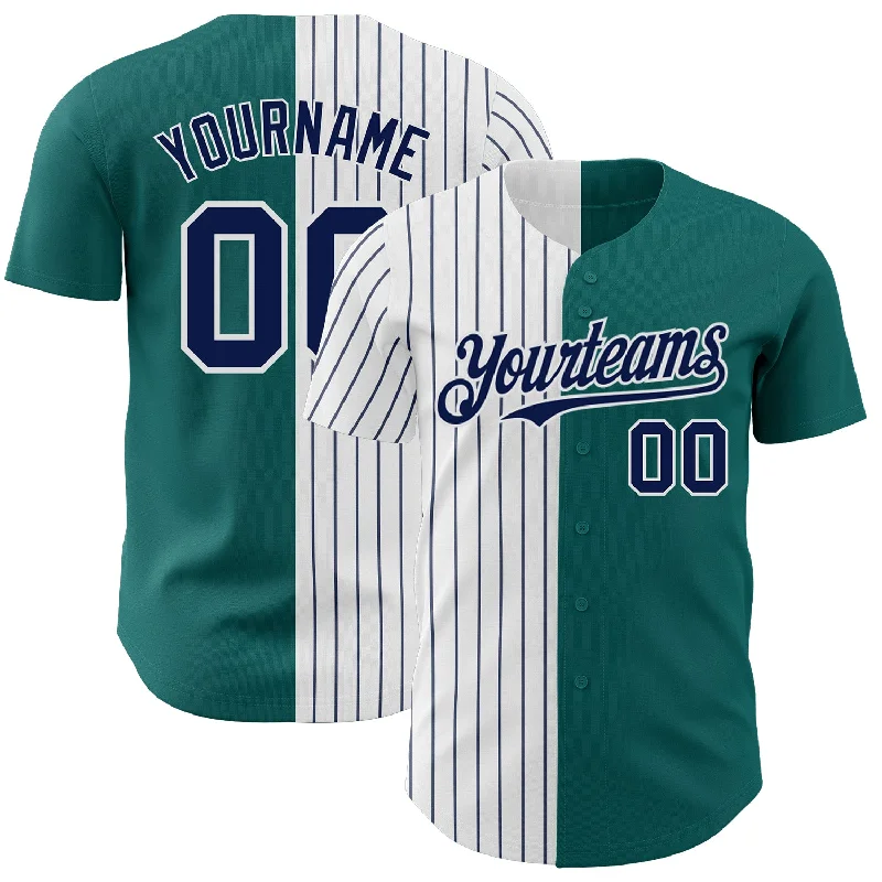 Baseball Jersey for Custom Team Designs-Custom Teal White-Navy Pinstripe Authentic Split Fashion Baseball Jersey