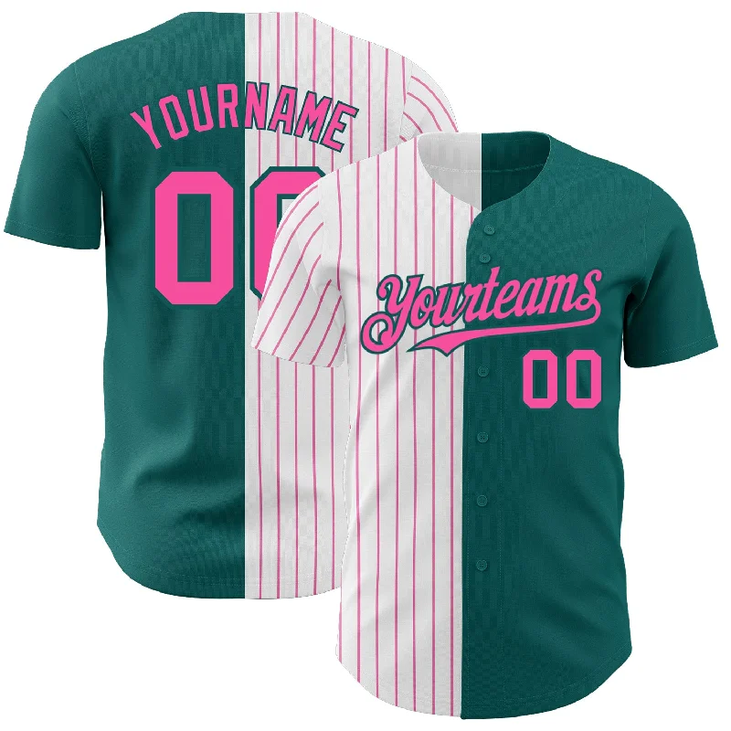 Baseball Jersey with Moisture-Wicking Technology-Custom Teal White-Pink Pinstripe Authentic Split Fashion Baseball Jersey