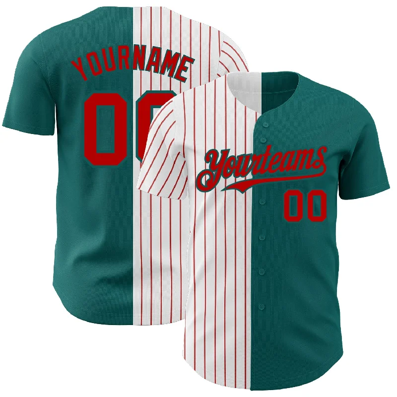 Baseball Jersey for Youth League Games-Custom Teal White-Red Pinstripe Authentic Split Fashion Baseball Jersey