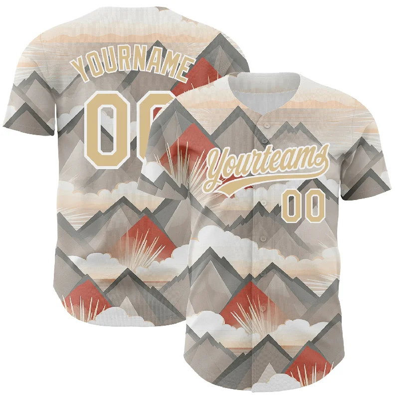 Baseball Jersey for Pro-Level Performance and Style-Custom Vegas Gold White 3D Pattern Design Sun Rays Through Mountain Tops Authentic Baseball Jersey