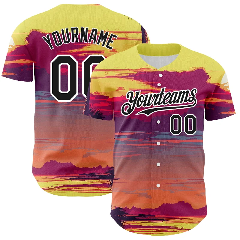 Baseball Jersey for Enhanced Comfort and Flexibility-Custom Yellow Black-White 3D Pattern Design Beach Hawaii Palm Trees Authentic Baseball Jersey