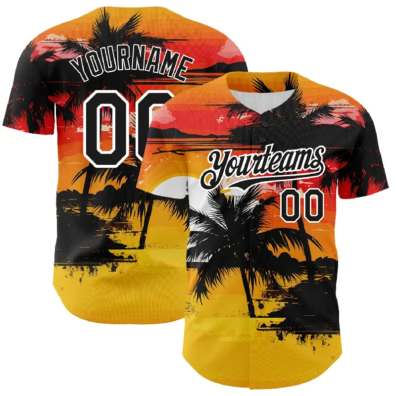 Baseball Jersey with Customizable Features for Teams-Custom Yellow Black White 3D Pattern Design Beach Hawaii Palm Trees Authentic Baseball Jersey