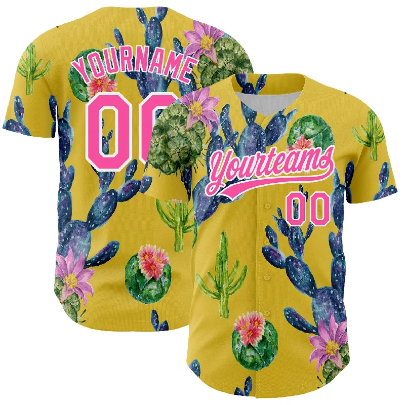 Baseball Jersey for Soft Touch and Comfort-Custom Yellow Pink-White 3D Pattern Design Cactus Festival Authentic Baseball Jersey