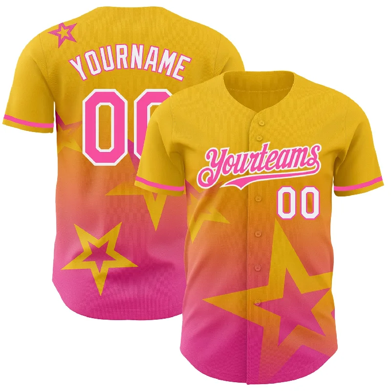 Baseball Jersey with Customizable Features-Custom Yellow Pink-White 3D Pattern Design Gradient Style Twinkle Star Authentic Baseball Jersey