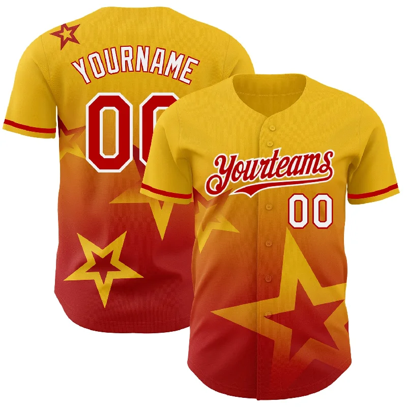 Baseball Jersey for Dynamic Play-Custom Yellow Red-White 3D Pattern Design Gradient Style Twinkle Star Authentic Baseball Jersey