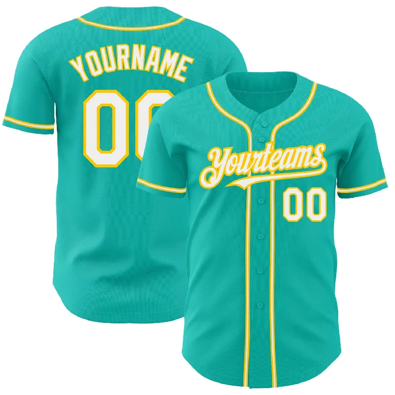 Baseball Jersey for Pro-Style Look and Feel-Custom Aqua White-Yellow Authentic Baseball Jersey