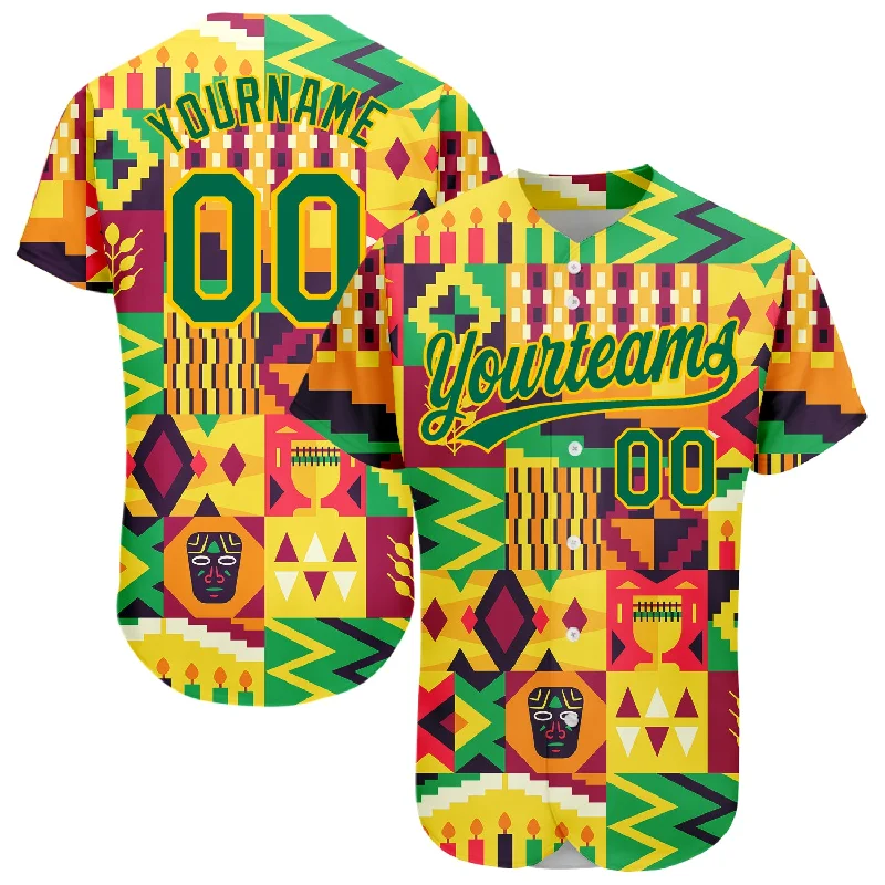 Baseball Jersey for Tight, Athletic Fit-Custom Yellow Kelly Green 3D Pattern Design African Happy Kwanzaa Authentic Baseball Jersey