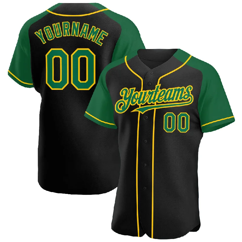 Baseball Jersey with Customizable Features-Custom Black Kelly Green-Yellow Authentic Raglan Sleeves Baseball Jersey