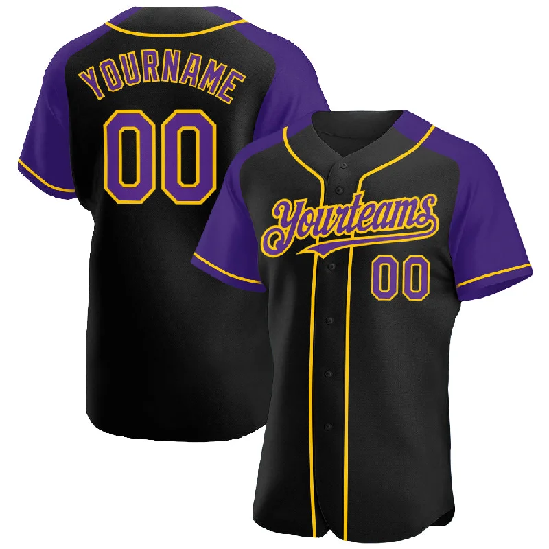 Baseball Jersey for Youth and Professional Athletes-Custom Black Purple-Yellow Authentic Raglan Sleeves Baseball Jersey