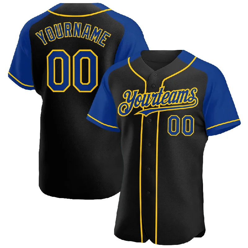 Baseball Jersey for Maximum Performance and Protection-Custom Black Royal-Yellow Authentic Raglan Sleeves Baseball Jersey