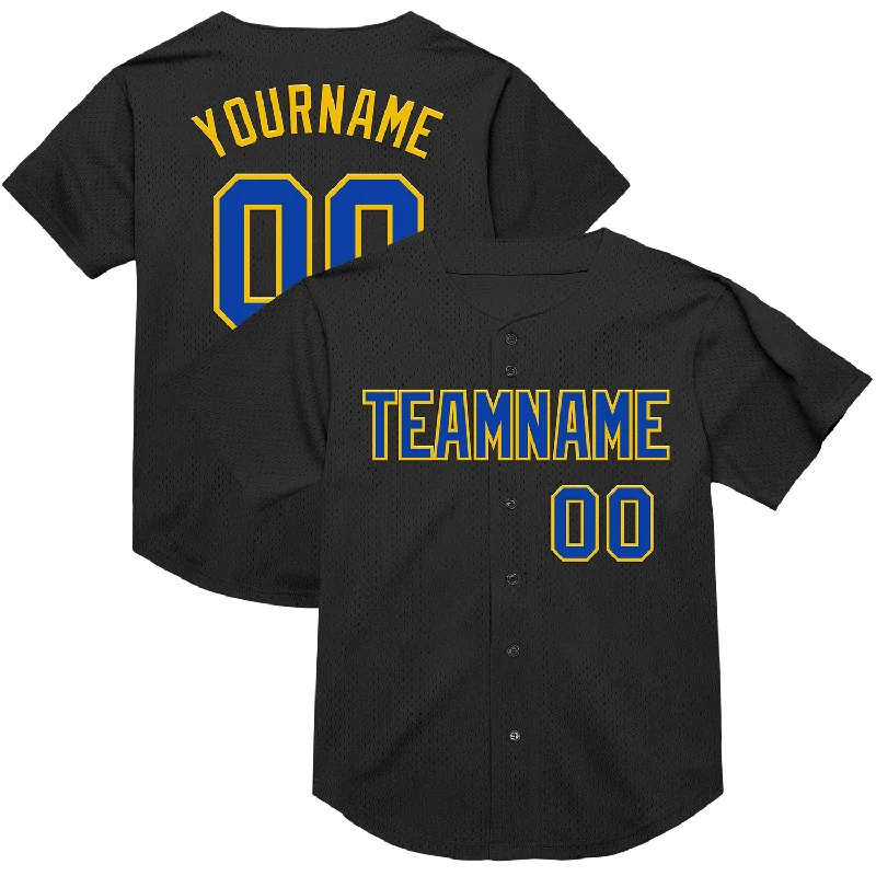 Baseball Jersey with Soft Fabric for Optimal Comfort-Custom Black Thunder Blue-Yellow Mesh Authentic Throwback Baseball Jersey