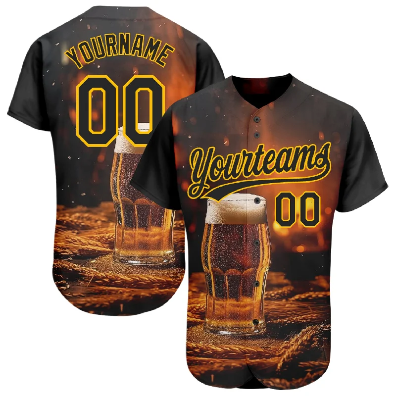 Baseball Jersey for Enhanced Breathability and Comfort-Custom Black Yellow 3D Pattern Design International Beer Day Authentic Baseball Jersey