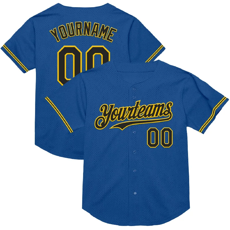 Baseball Jersey for Warm-Weather Play and Cool Comfort-Custom Blue Black-Yellow Mesh Authentic Throwback Baseball Jersey