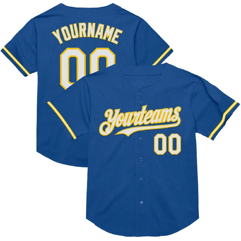 Baseball Jersey for Easy Mobility and Comfort-Custom Blue White-Yellow Mesh Authentic Throwback Baseball Jersey