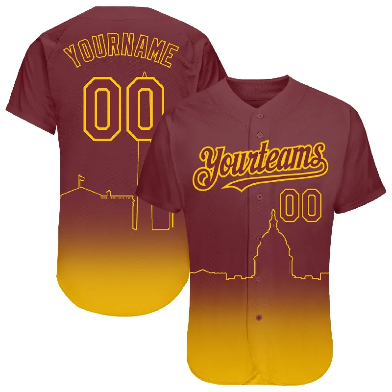 Baseball Jersey for Tight, Athletic Fit-Custom Burgundy Yellow 3D Washington City Edition Fade Fashion Authentic Baseball Jersey