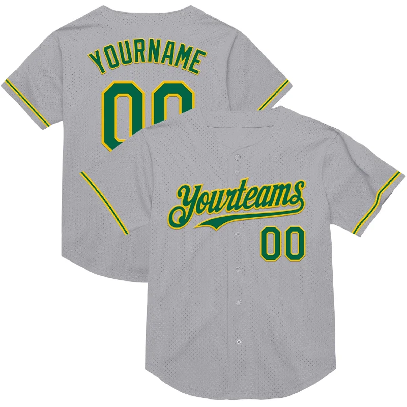 Baseball Jersey with Moisture Control for Comfort-Custom Gray Kelly Green-Yellow Mesh Authentic Throwback Baseball Jersey