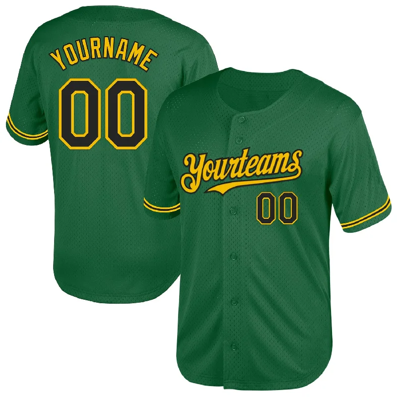 Baseball Jersey for Warm-Weather Play-Custom Kelly Green Black-Yellow Mesh Authentic Throwback Baseball Jersey