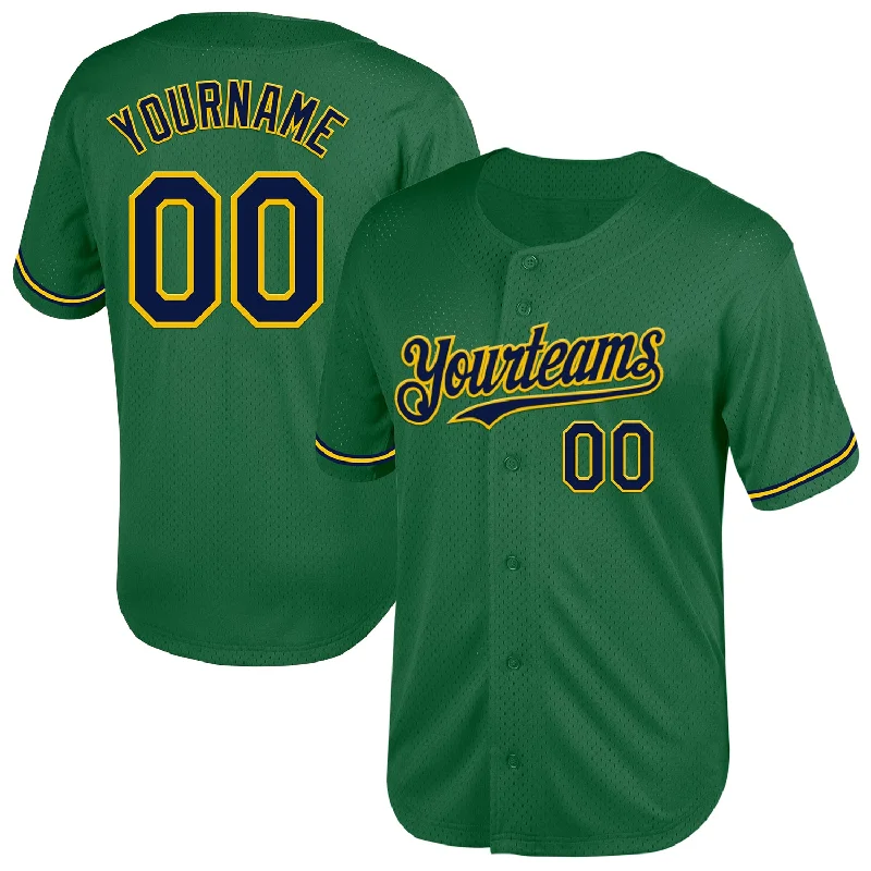 Baseball Jersey for Custom Names and Numbers-Custom Kelly Green Navy-Yellow Mesh Authentic Throwback Baseball Jersey