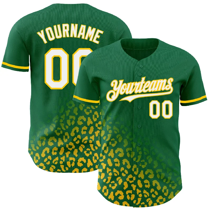 Baseball Jersey for High-Endurance Play-Custom Kelly Green White-Yellow 3D Pattern Design Leopard Print Fade Fashion Authentic Baseball Jersey