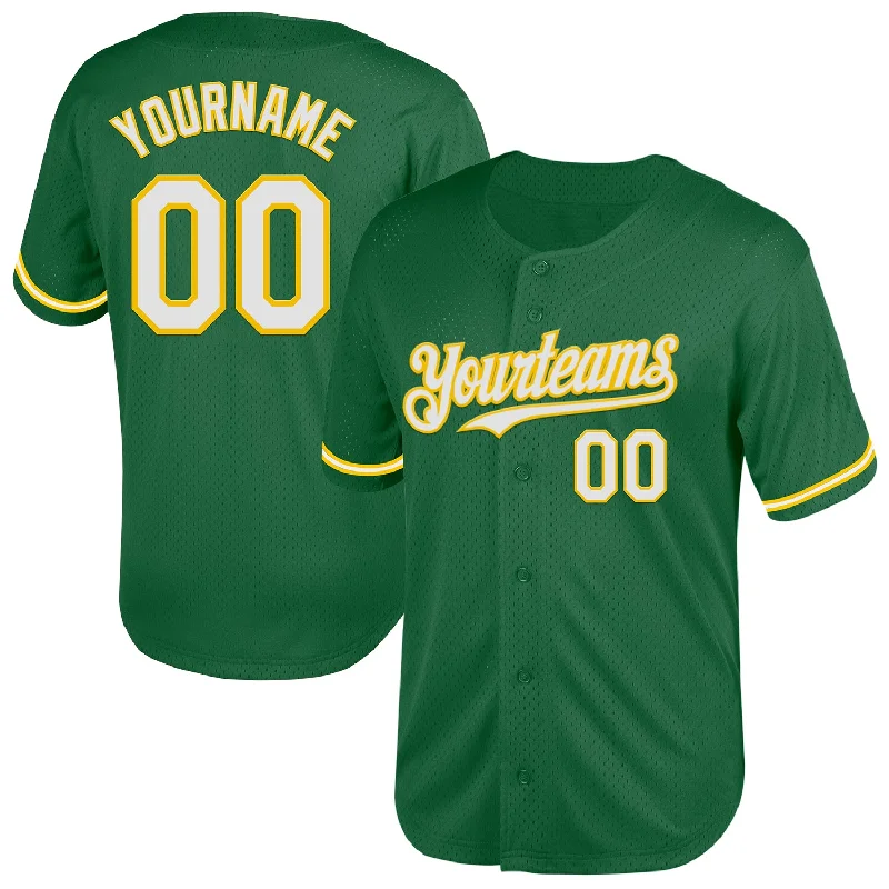 Baseball Jersey with Stylish Design for Professional Look-Custom Kelly Green White-Yellow Mesh Authentic Throwback Baseball Jersey