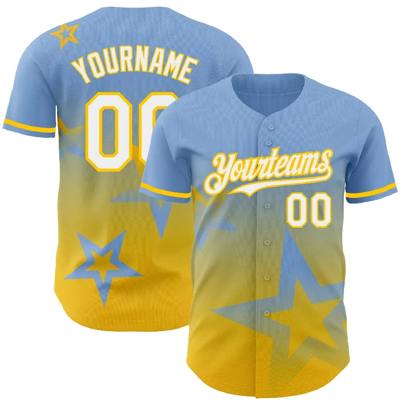 Best Baseball Jersey for Comfort-Custom Light Blue White-Yellow 3D Pattern Design Gradient Style Twinkle Star Authentic Baseball Jersey