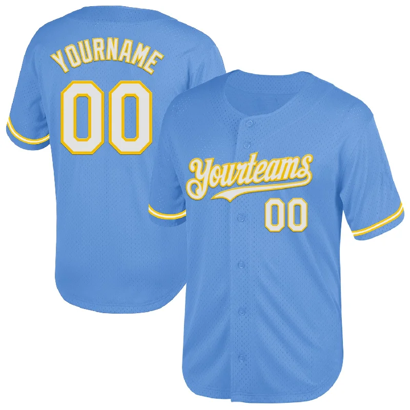 Baseball Jersey for All-Weather Performance and Comfort-Custom Light Blue White-Yellow Mesh Authentic Throwback Baseball Jersey