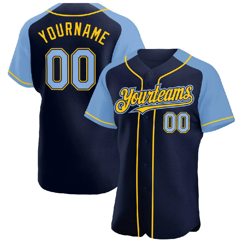 Baseball Jersey for Comfortable and Stylish Look-Custom Navy Light Blue-Yellow Authentic Raglan Sleeves Baseball Jersey