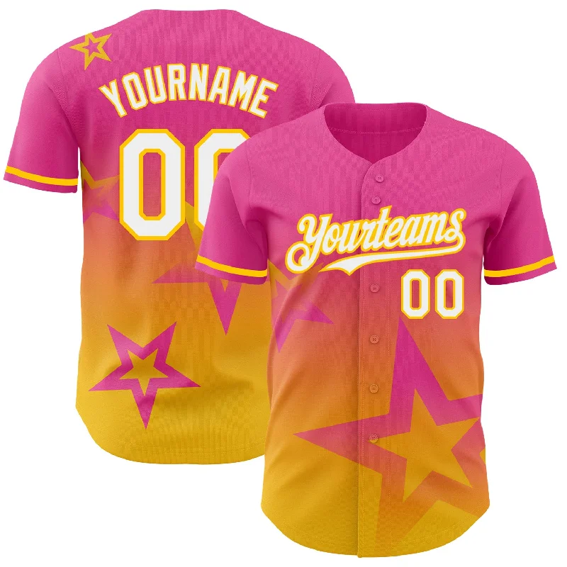 Baseball Jersey with Stretch for Better Fit and Movement-Custom Pink White-Yellow 3D Pattern Design Gradient Style Twinkle Star Authentic Baseball Jersey