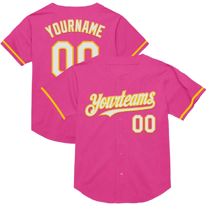 Baseball Jersey for All-Day Wear and Comfort-Custom Pink White-Yellow Mesh Authentic Throwback Baseball Jersey