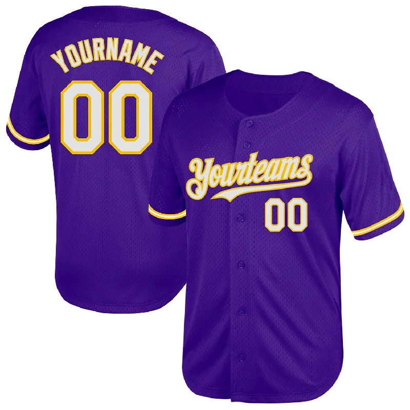 Baseball Jersey for All-Weather Comfort-Custom Purple White-Yellow Mesh Authentic Throwback Baseball Jersey