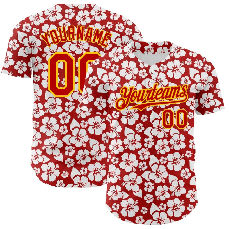 Baseball Jersey for Maximum Durability in Play-Custom Red Yellow 3D Pattern Design Tropical Hawaii Flower Authentic Baseball Jersey