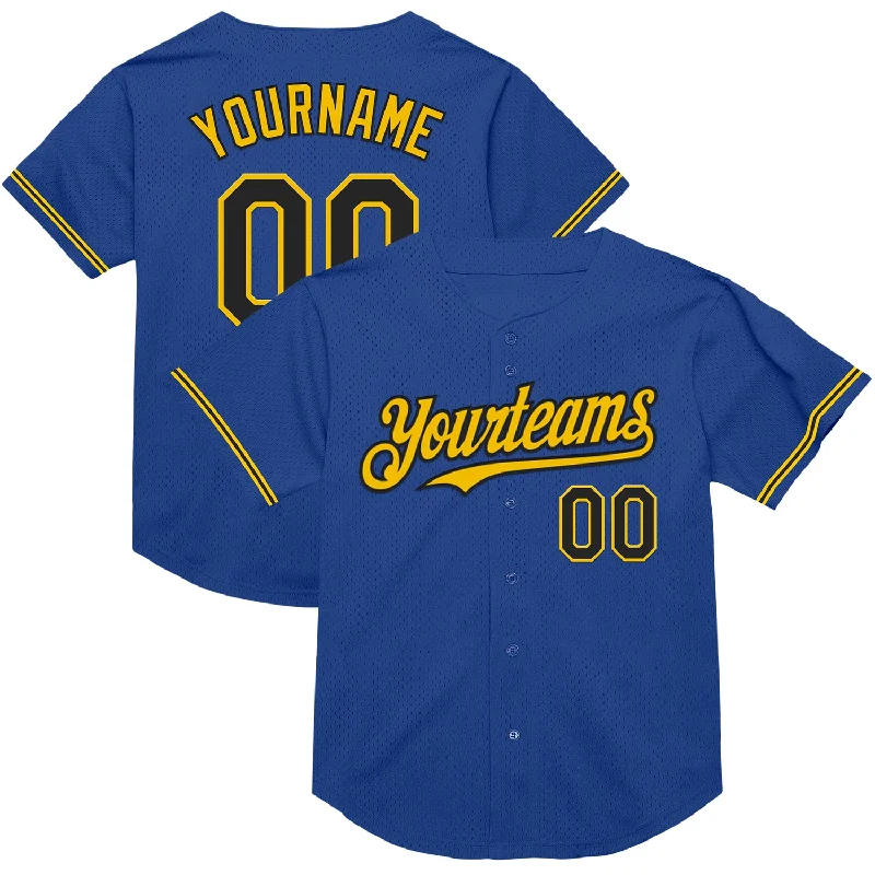 Baseball Jersey for Pro-Style Look and Feel-Custom Royal Black-Yellow Mesh Authentic Throwback Baseball Jersey