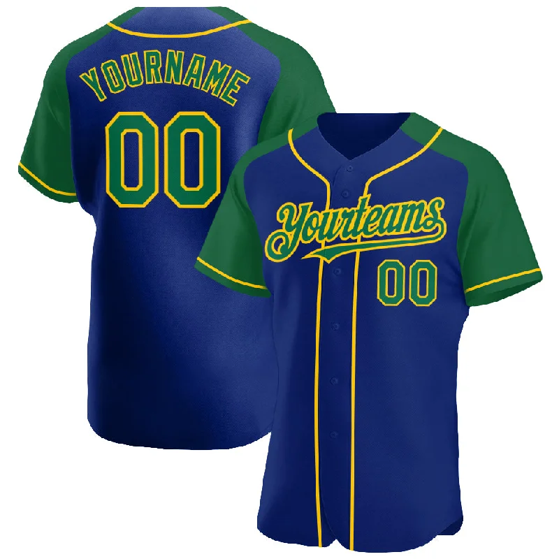 Best Baseball Jersey for Hot Weather-Custom Royal Kelly Green-Yellow Authentic Raglan Sleeves Baseball Jersey