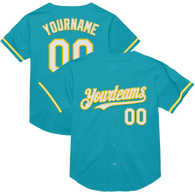 Baseball Jersey for Lightweight and Breathable Play-Custom Teal White-Yellow Mesh Authentic Throwback Baseball Jersey