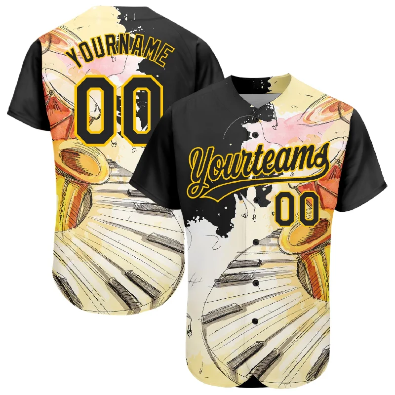 Baseball Jersey with Elastic Fit for Easy Movement-Custom White Black-Yellow 3D Pattern Design Music Festival Watercolor International Jazz Day Authentic Baseball Jersey