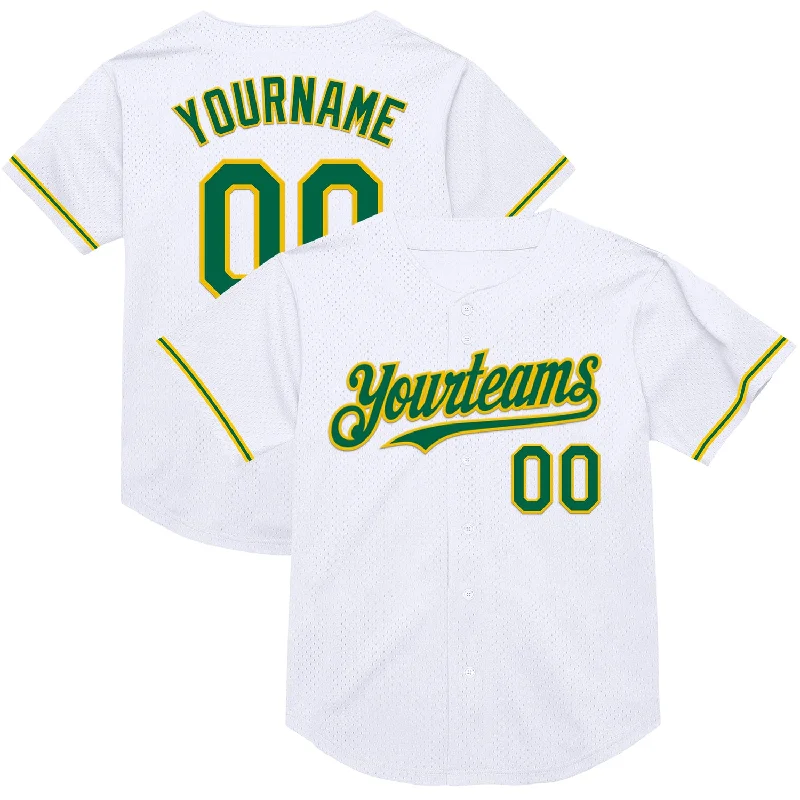 Baseball Jersey with Durable Outer Layer for Protection-Custom White Kelly Green-Yellow Mesh Authentic Throwback Baseball Jersey